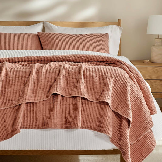 EVERGRACEHOME Cotton Ribbed Matelassé Coverlet Set, King Size, Clay