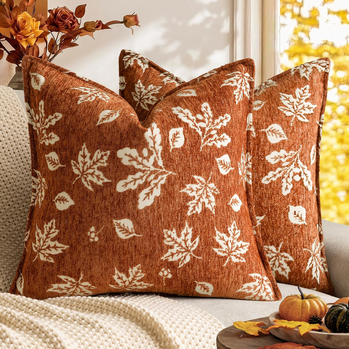 Foindtower Decorative Fall Chenille Throw Pillow Covers 18×18 Dark Brown