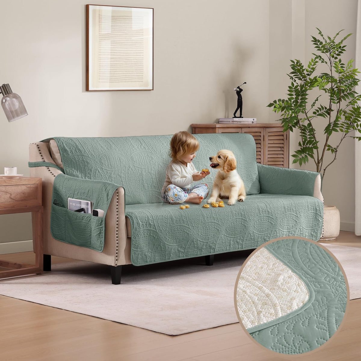 Soft Quilted Couch Cover with Pockets for Extra-Large Sofa, Anti-Slip Sofa Covers Washable for 3 Cushion Pet Friendly Medallion Oversized Sofa Cover Water-Repellent (X-Large Sofa 78", Ivory White)