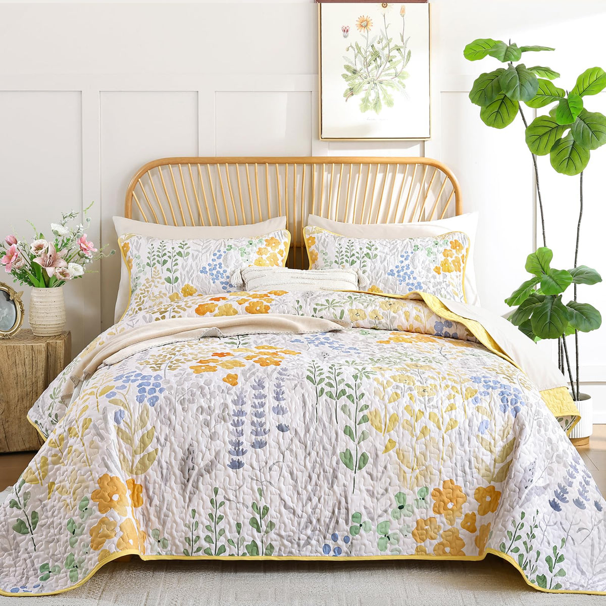 Xruibed Floral Quilt Sets King Size, 3 Pcs Soft Black Bedspread Bedding Set
