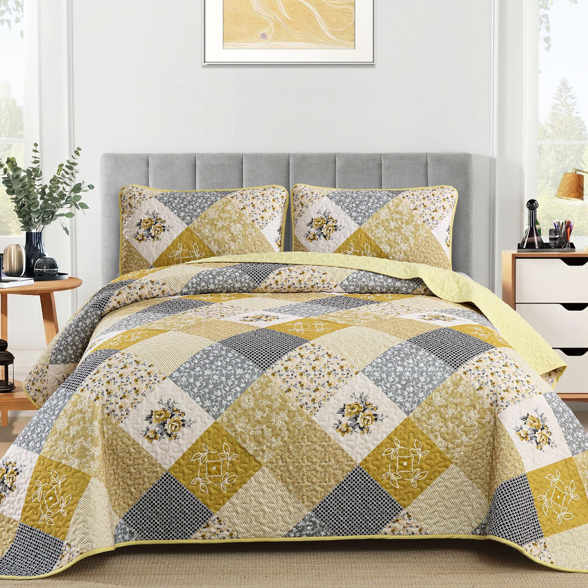 Dinjoy Boho Quilt Set Full Size, Patchwork Floral Bedspreads, Purple