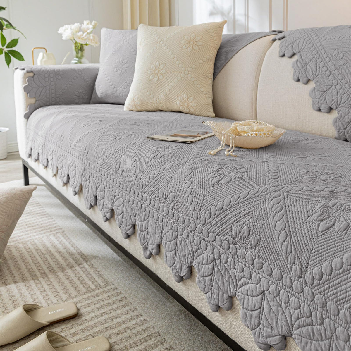 Quilted Couch Covers for Sofa Farmhouse Sofa Covers(Khaki,28"x70")