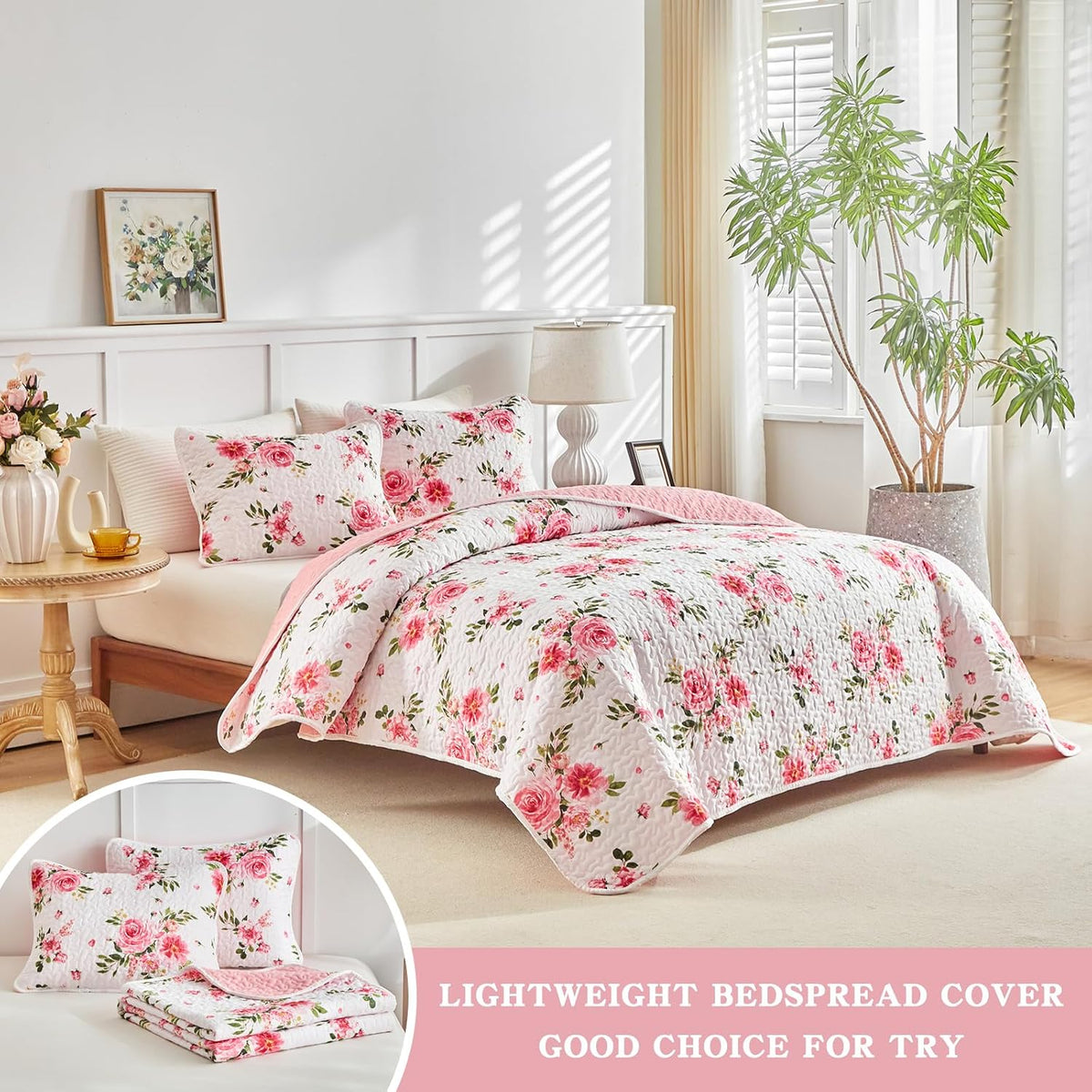 UOZZI BEDDING Floral Quilt Set 3 Pieces Queen Size White Pink Flower Soft Microfiber Lightweight Summer Reversible Coverlet Bedspread for All Season -1 Quilt 88 * 88 + 2 Pillow Shams