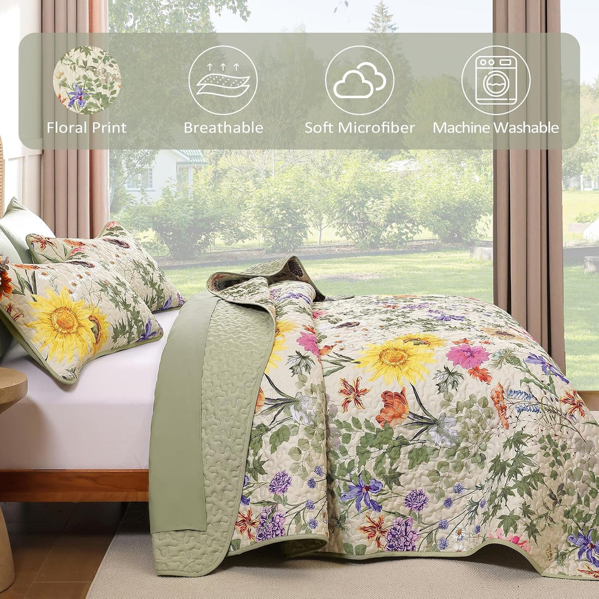 Yiran Beige Floral Quilt King Size, Sunflower Bedspreads Bedding Set