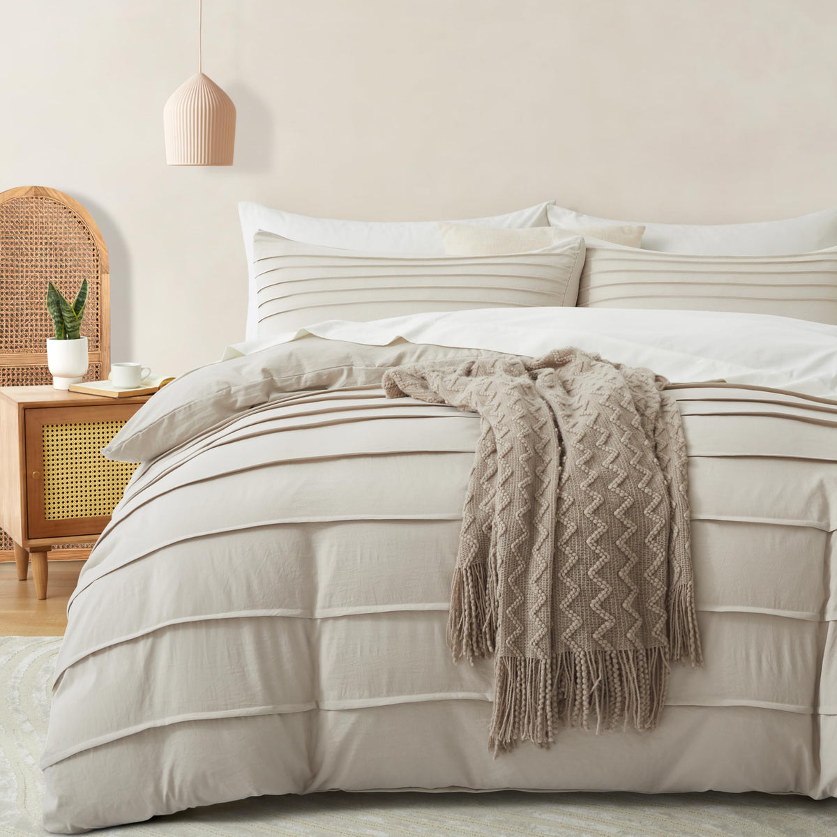 Oli Anderson 3PCS Pleated Duvet Cover Set, Beige, King