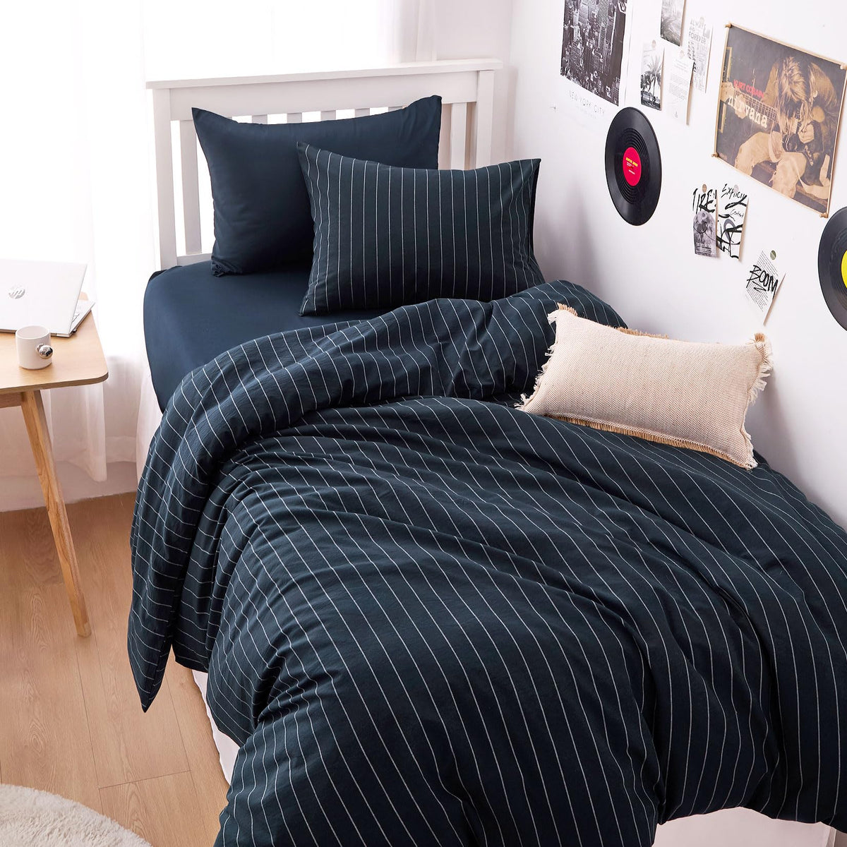 Wake In Cloud Striped Cotton Duvet Cover Set, White, Queen
