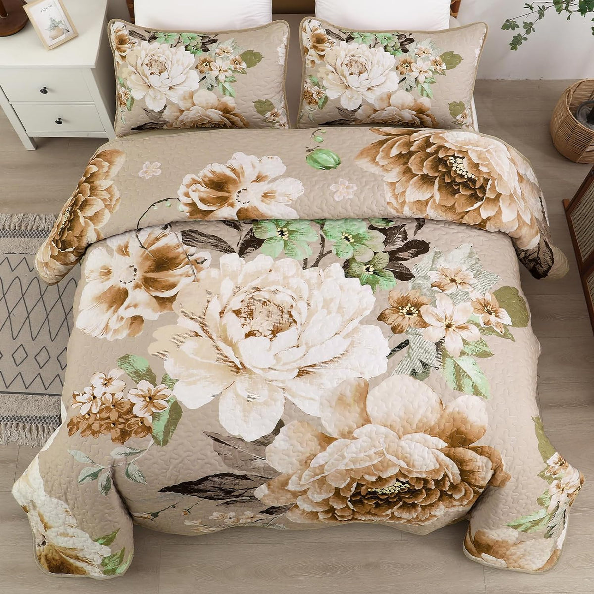 WONGS BEDDING Fall Quilt King Size, 3 Pcs Taupe Floral Bedspread Bedding