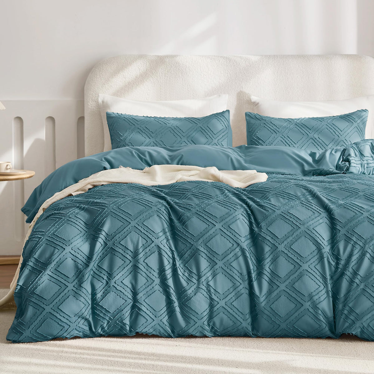 JELLYMONI White Striped Tufted Duvet Cover Set Queen Size