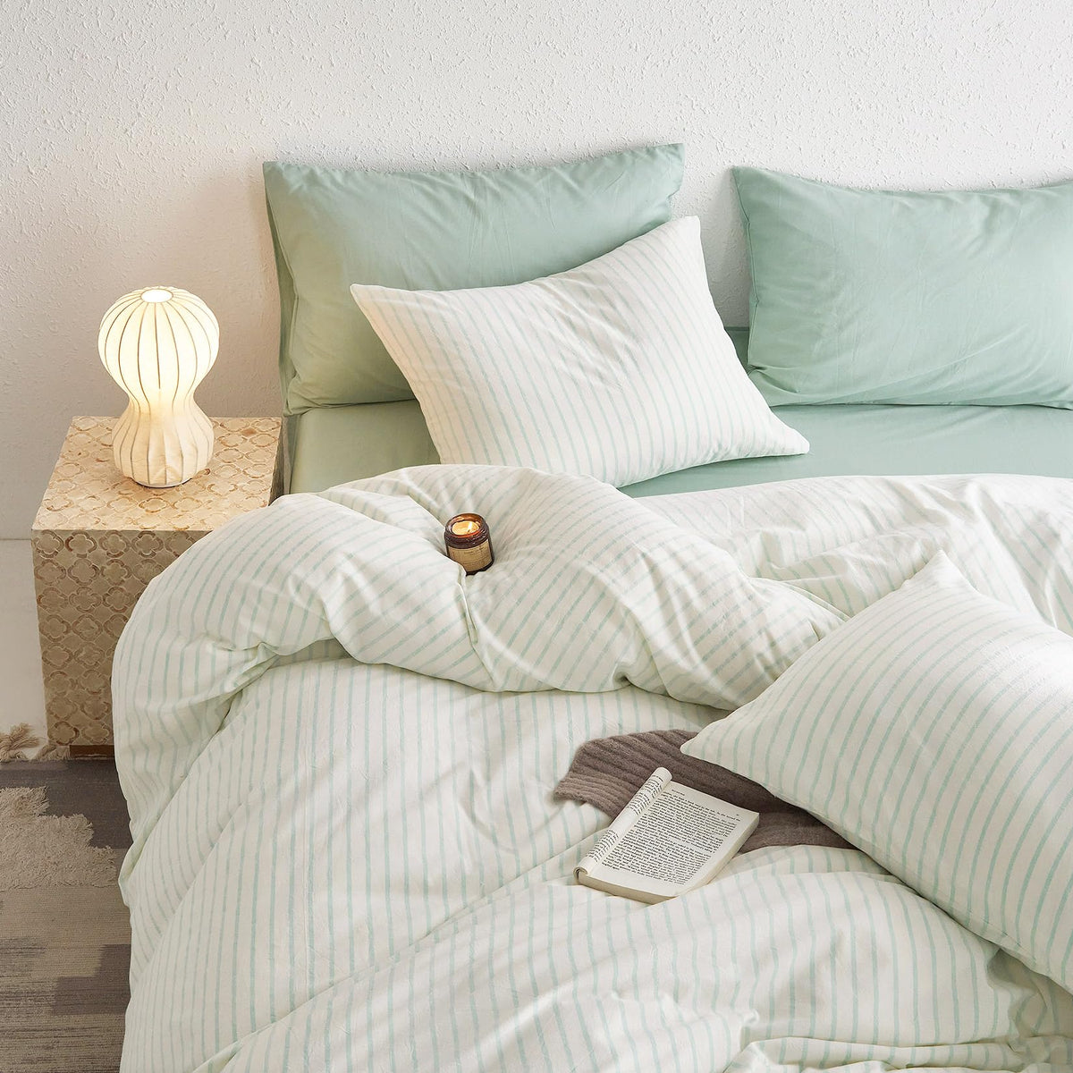 Wake In Cloud Striped Cotton Duvet Cover Set, White, Queen