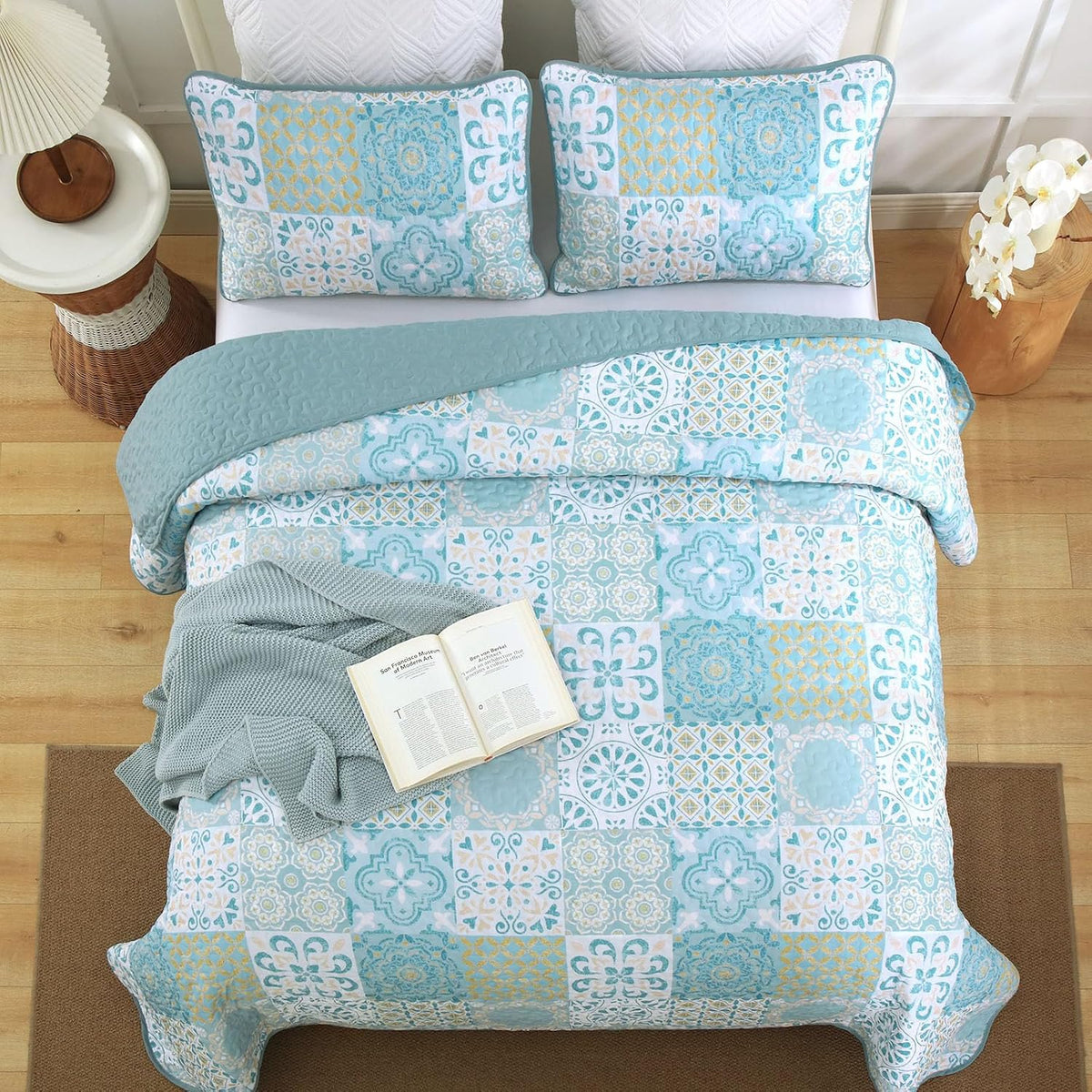 Dobuyly Queen Quilt Set Aqua Blue Patchwork Bedspread 3 Piece