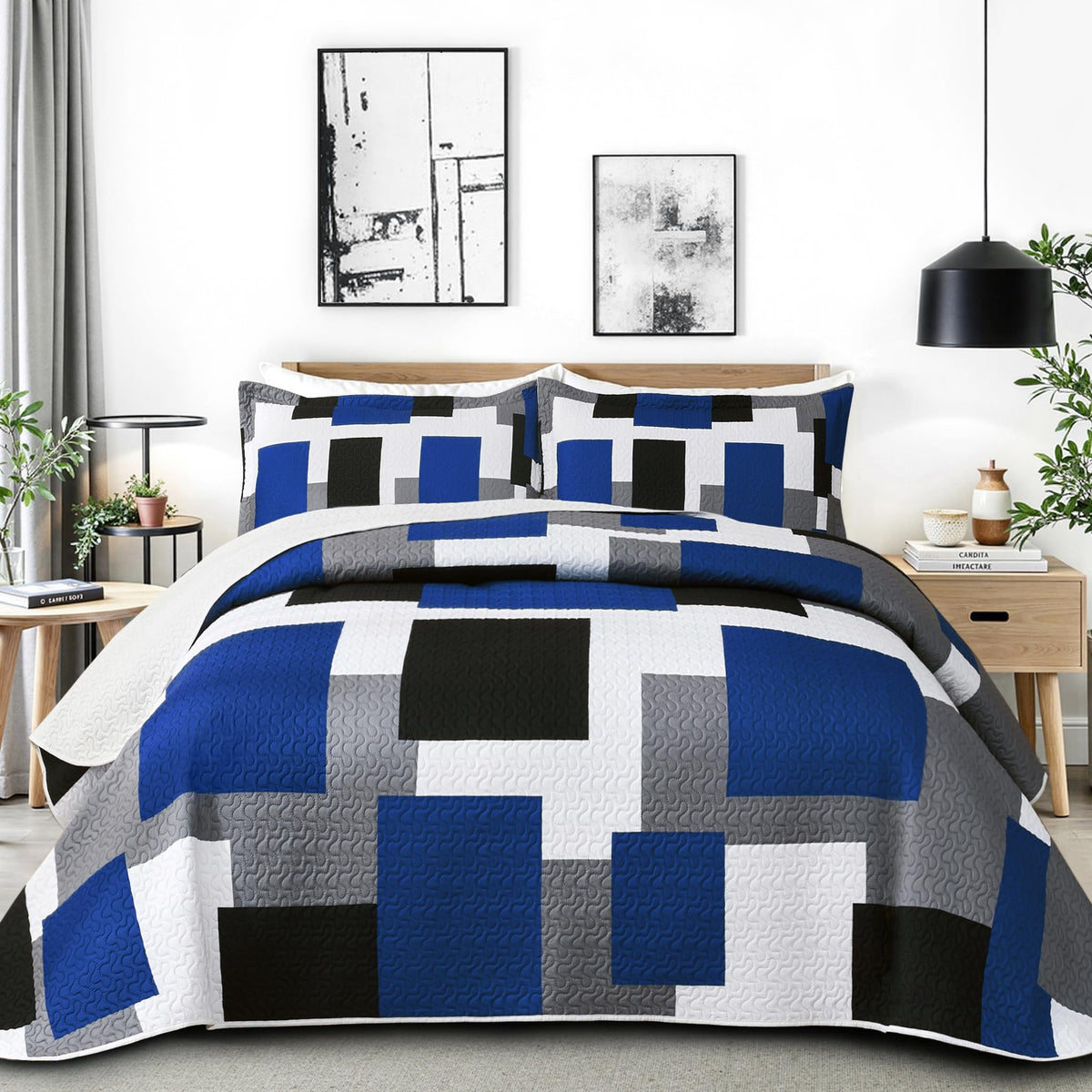 Tyrot 3 Piece Black Grey Quilt Full/Queen Size Black White Gray Bedding Set