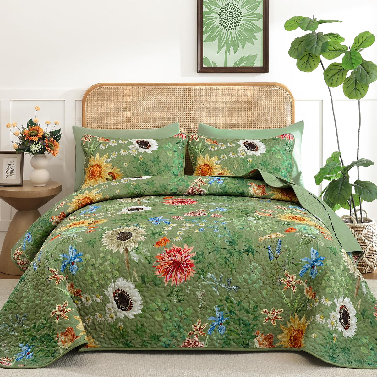 Yiran Beige Floral Quilt King Size, Sunflower Bedspreads Bedding Set