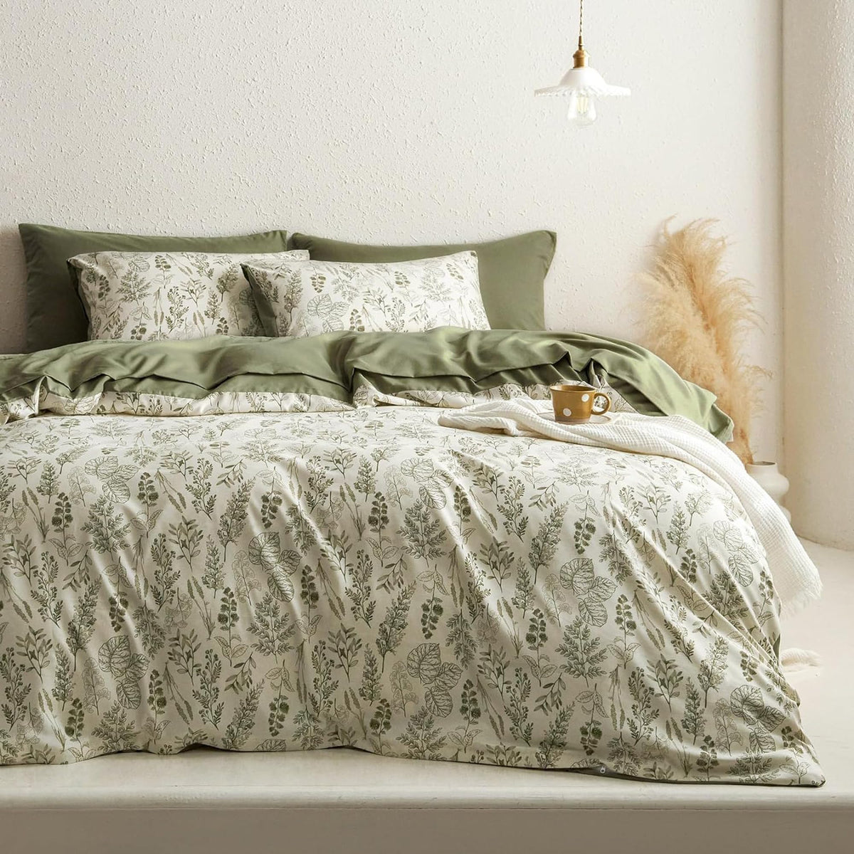 BOLINLIVINGFloral Duvet Cover Set Queen Size, 3Pcs Bedding Set,Green&Purple