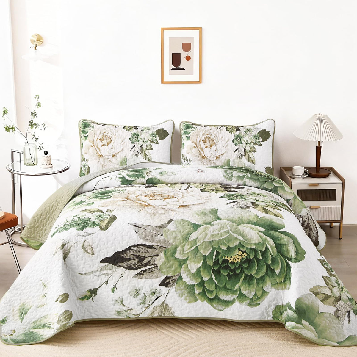 WONGS BEDDING Fall Quilt King Size, 3 Pcs Taupe Floral Bedspread Bedding