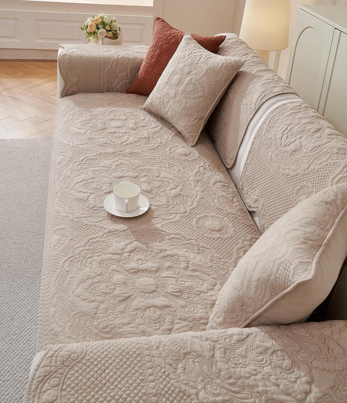 vctops Boho Cotton Quilted Couch Cover Soft Embroidered Sofa Cover Non-Slip Dog Bed Cover Scalloped Sofa Slipcover Washable Furniture Protector Cover (Khaki,28"x28")