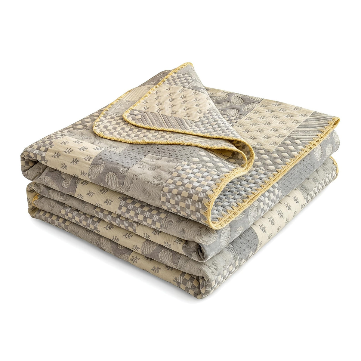 100% Cotton Muslin Blanket Twin Size 4-Layer Gauze Quilted Lightweight Breathable Cooling Bed Blanket for Adults, Soft Summer Bed & Couch Cover All Season (Yellow-Gray, Twin 60 * 80 in)