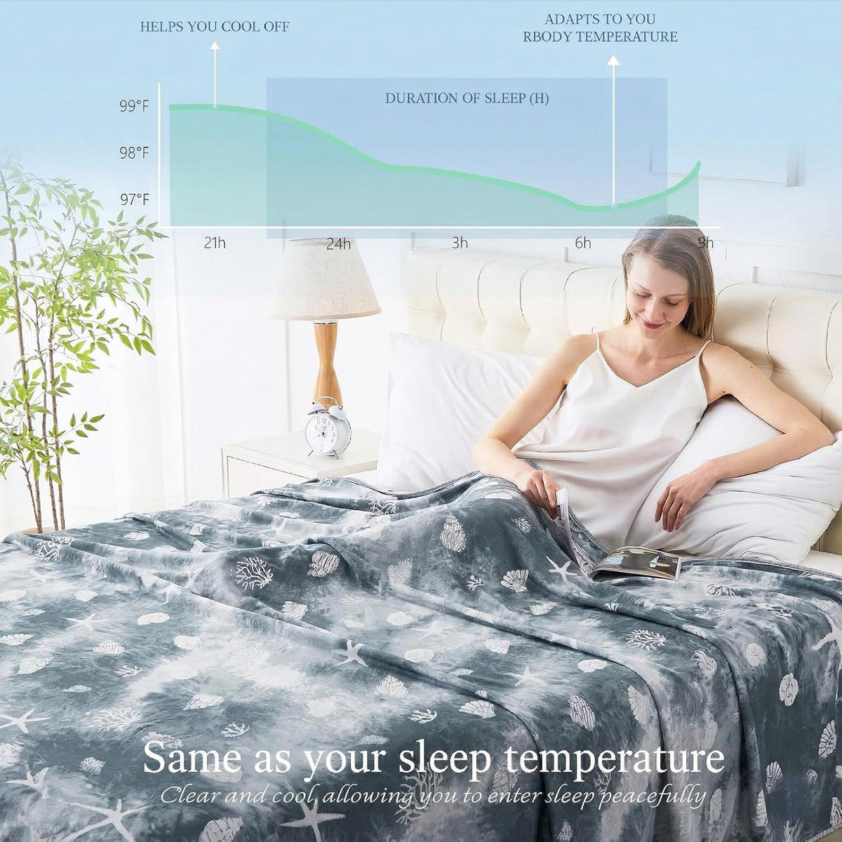 Cooling Blanket Queen Size (90"x90"), Double Sided Ice Cold Blanket for Hot Sleepers, Transfer Heat to Keep Cool, Soft Lightweight for Night Sweats, Bed & Couch, Ocean Design