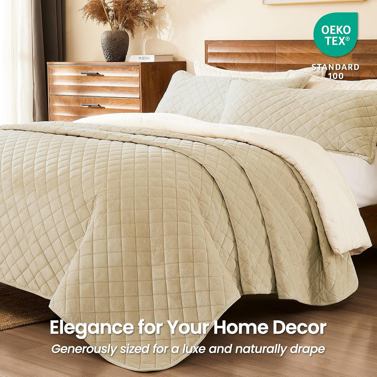 L'AGRATY Velvet Quilt King Size: 3-Piece Reversible Luxury Velvet Bedding Comforter Set - Lightweight Oversized Quilted Bedspread Coverlet with 2 Pillow Sham for All Season - Light Linen Quilt
