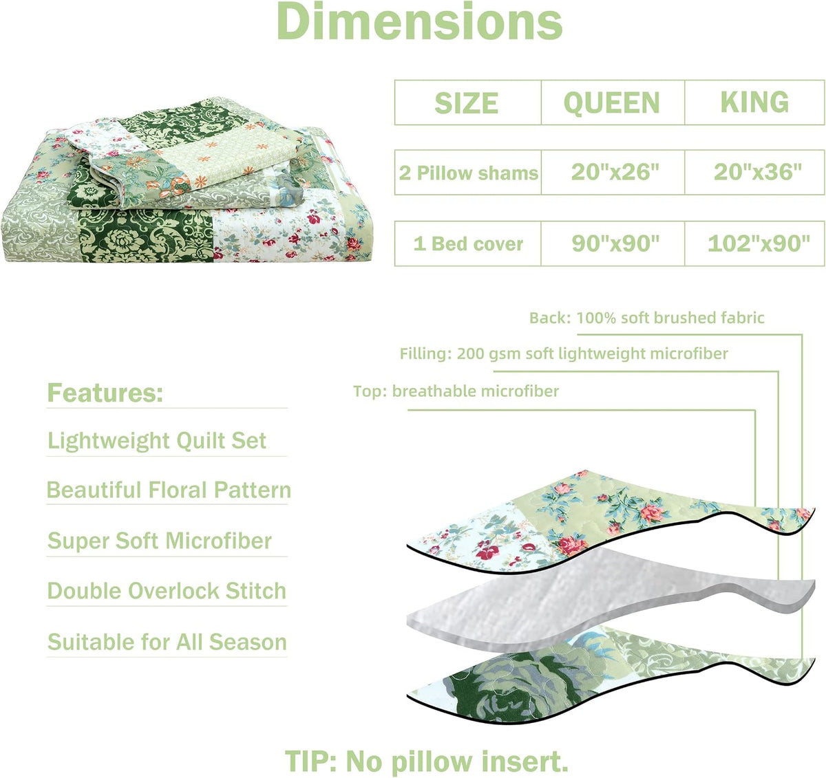 Cmfshape Summer Floral Queen Quilted Bedspread,Romantic Green Quilt Set,Reversible Stitched Bedding Cover All Season,Soft Lightweight Coverlet with Pillow Cases (Green&White, Queen90 x90)