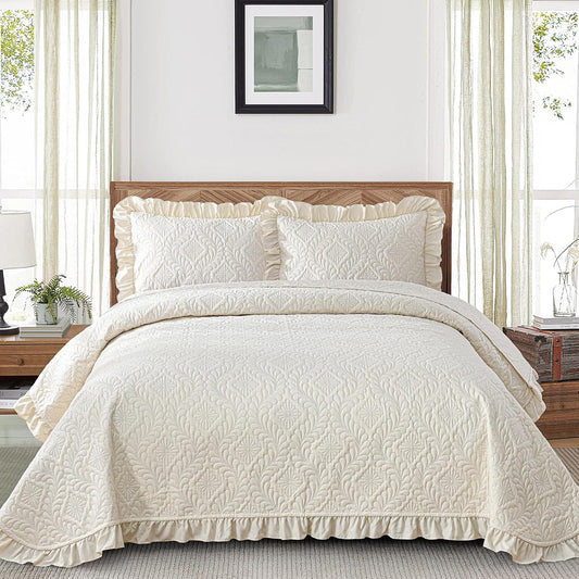 DJY Quilts Queen Size, Ruffled Reversible Bedding Set, Beige