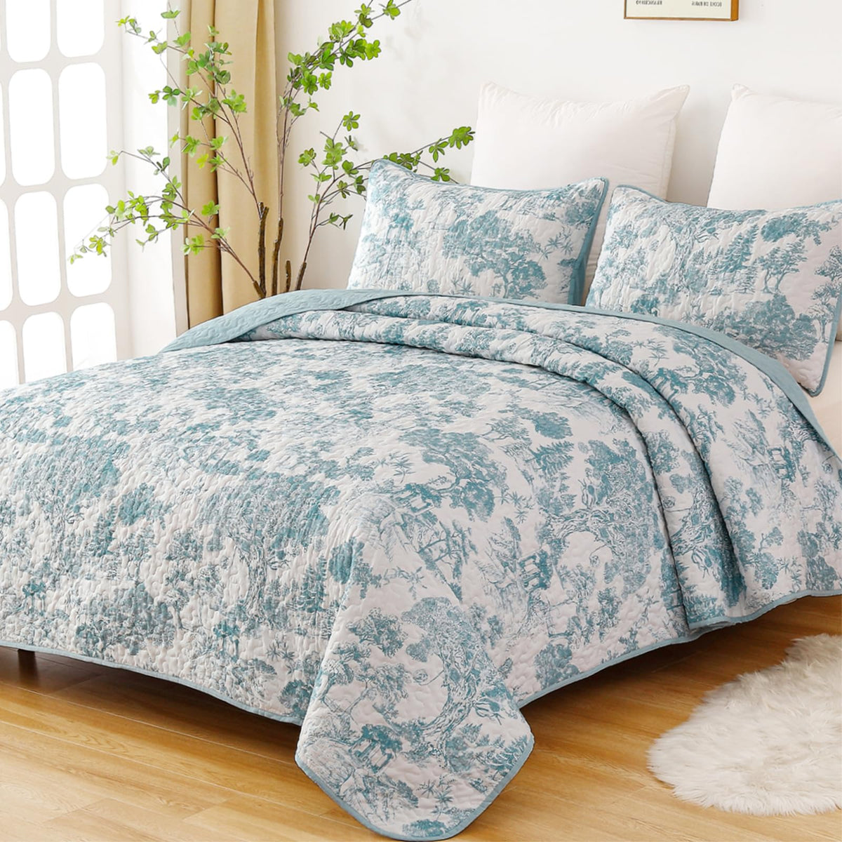 WONGS BEDDING Sage Green Quilt Set King Size, Botanical Floral Bedspread