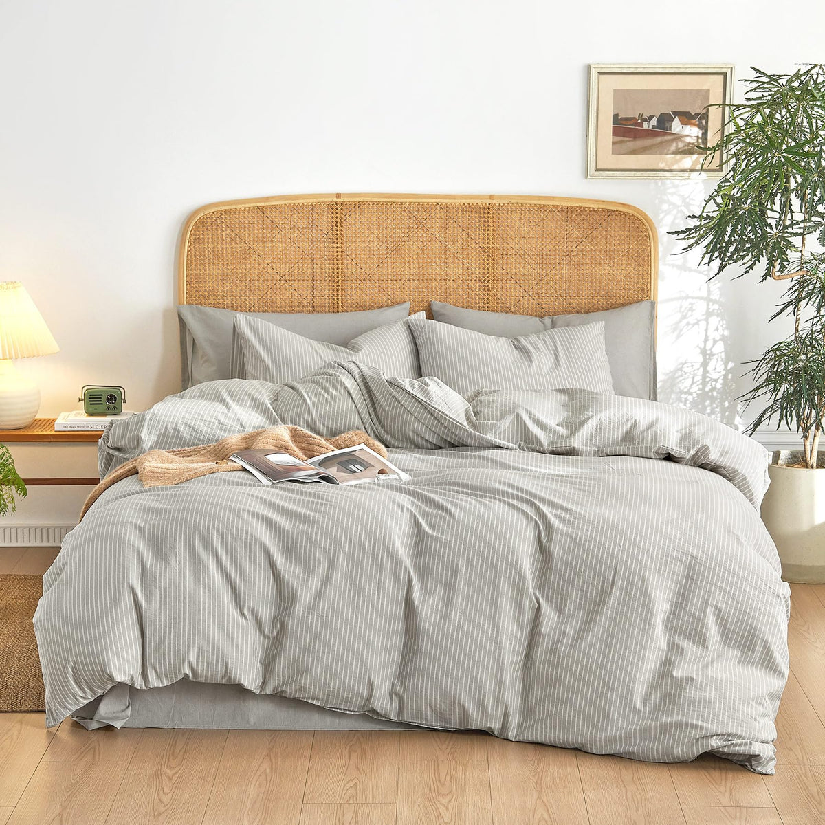 Wake In Cloud Striped Cotton Duvet Cover Set, Greyish Blue, Full