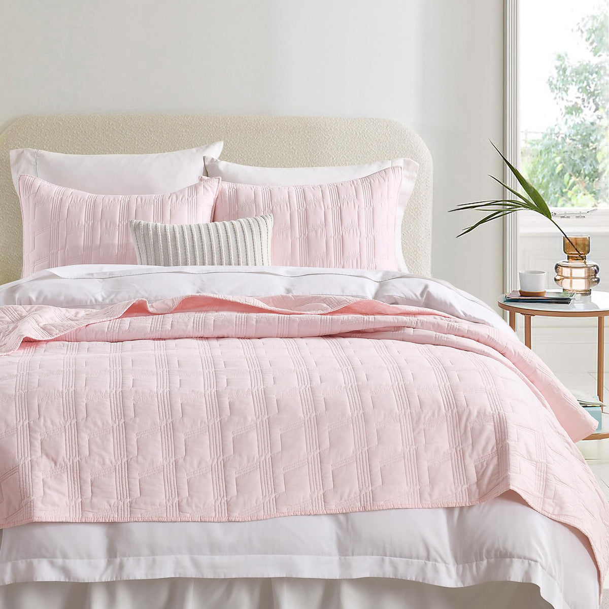 HORIMOTE HOME 100% Cotton Quilt Set Twin Size, White Pre-Washed 2-Piece Bedspread Coverlet Set, Cozy Lightweight Stitching Decorative Bedding Cover with 1 Shams in Geometric Pattern for All Season