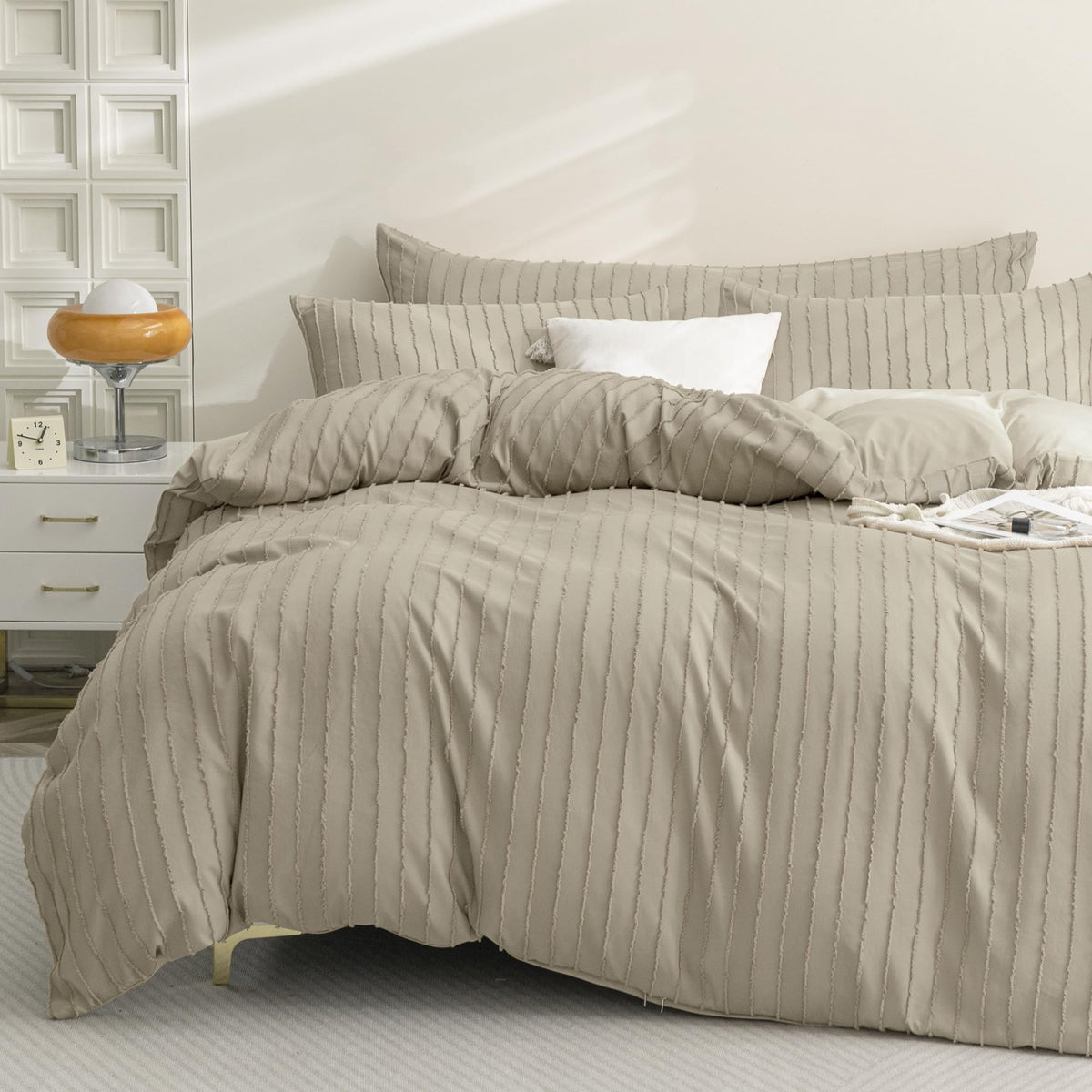 JELLYMONI White Striped Tufted Duvet Cover Set Queen Size