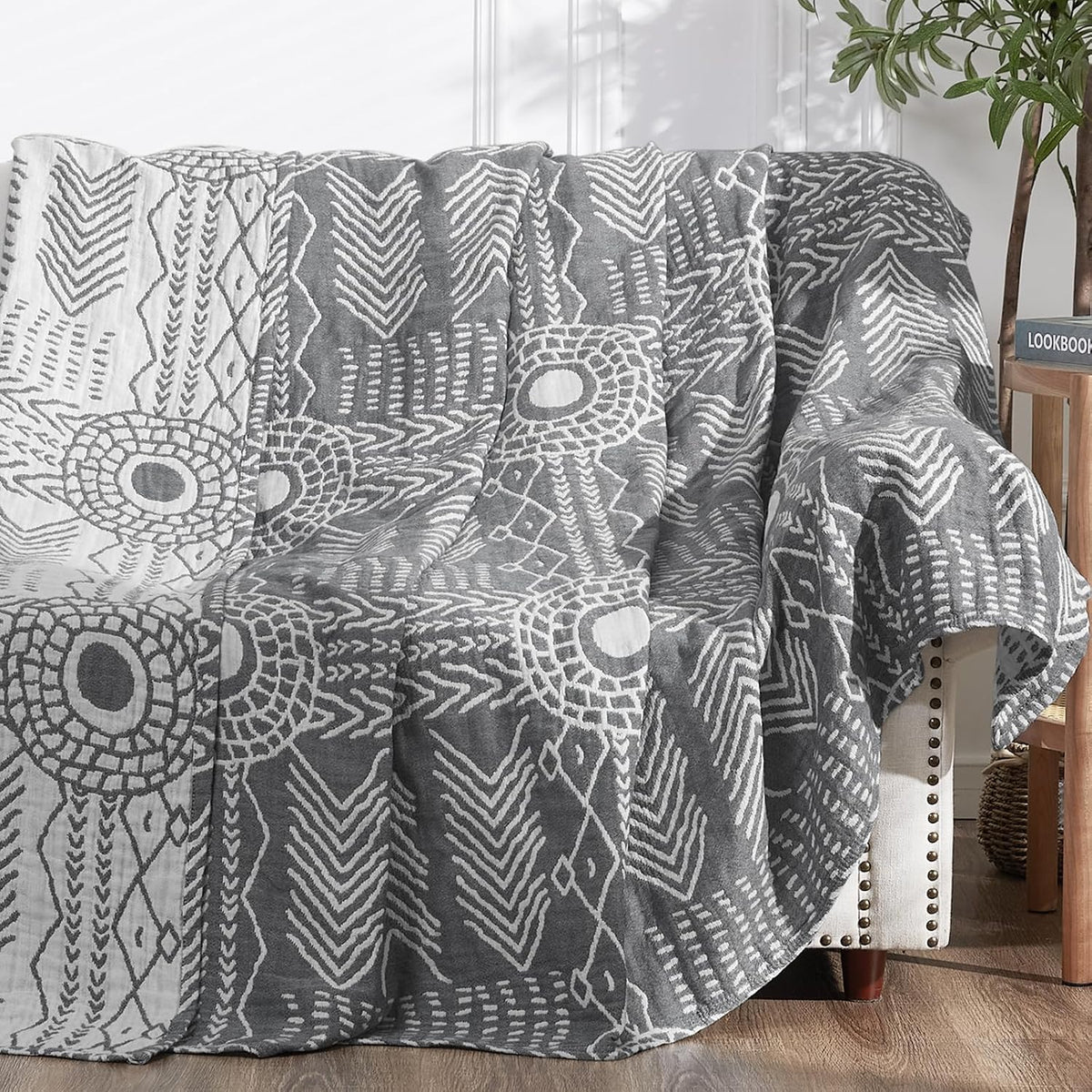 jinchan 100% Cotton Muslin Blanket Twin Boho Throw Blanket 50x60 Gray