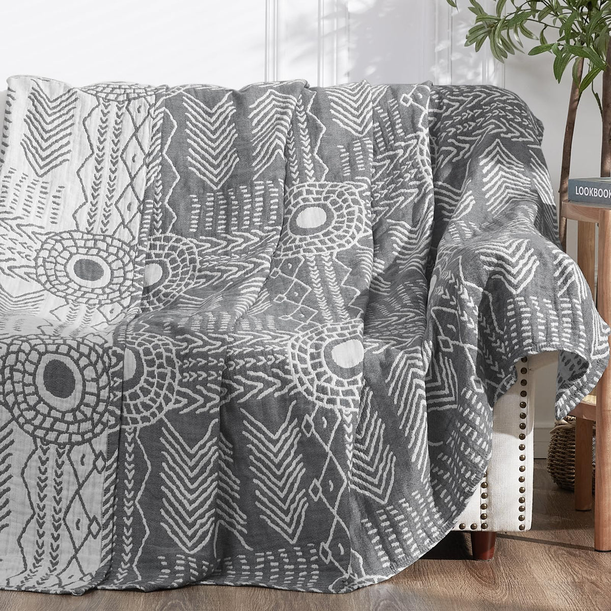 jinchan 100% Cotton Muslin Blanket Twin Boho Throw Blanket 50x60 Gray