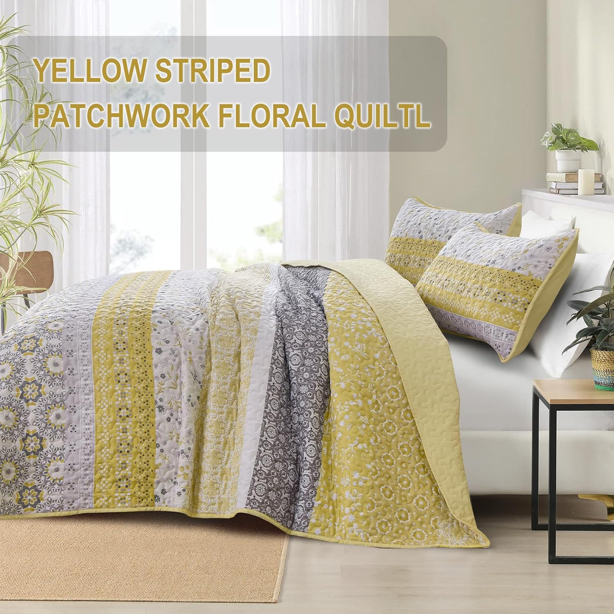 WONGS BEDDING Boho Quilt Set Queen，3 Pcs Yellow Floral Striped Bedspread