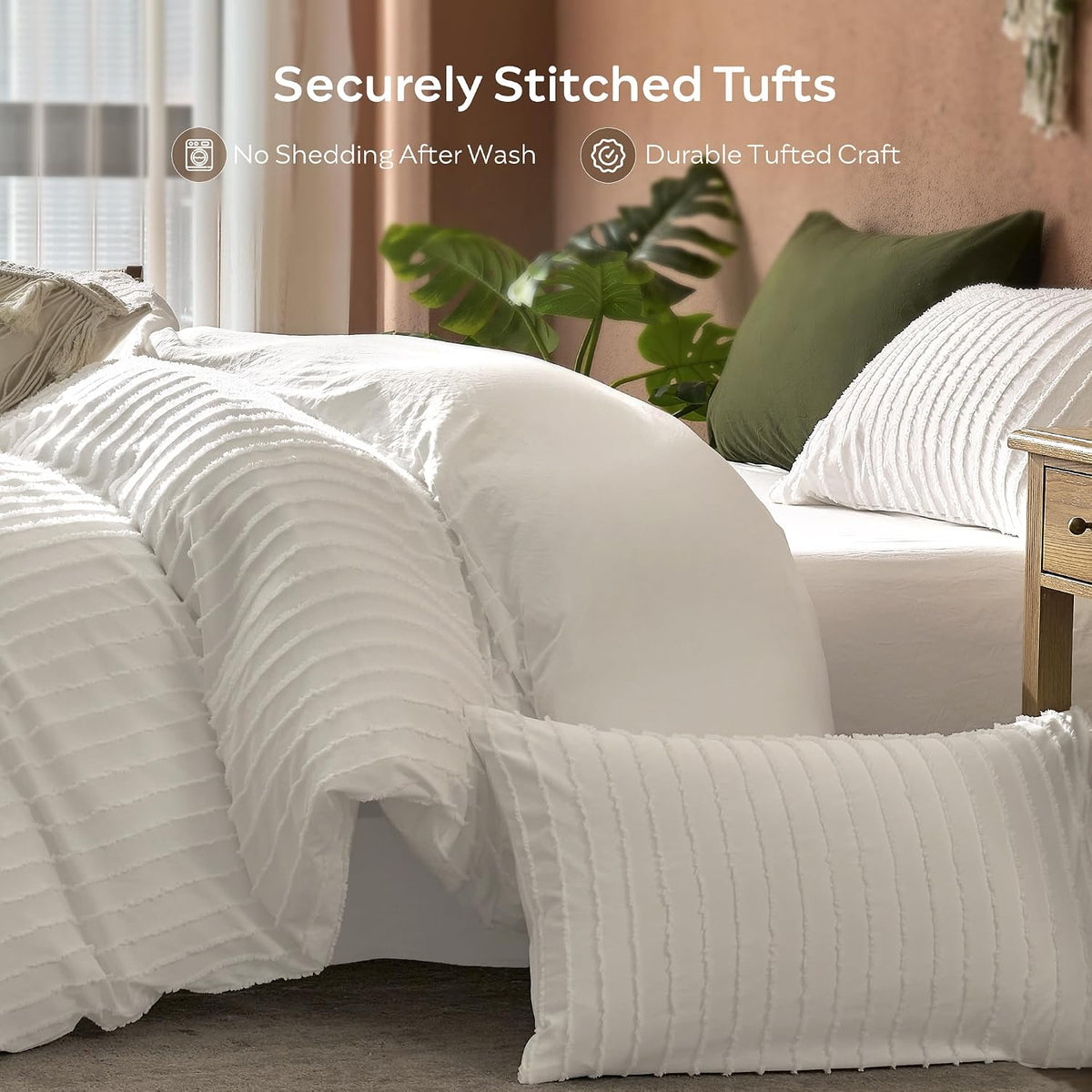 JELLYMONI White Striped Tufted Duvet Cover Set Queen Size