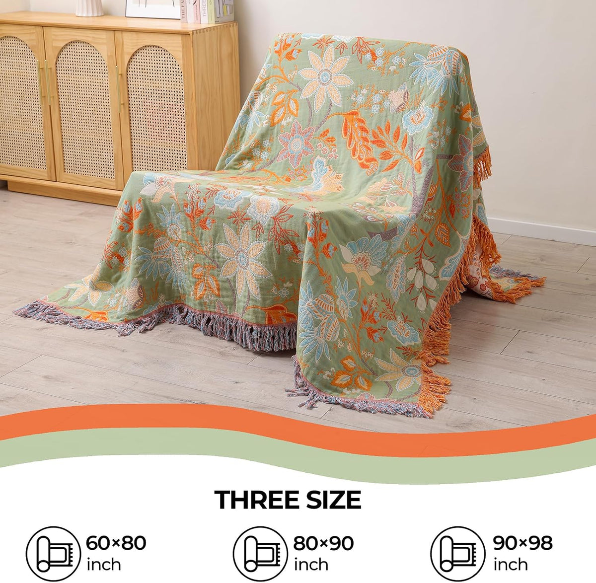 Floral Rustic Large Boho Throw Blanket 90"x98" Orange&Sage Green