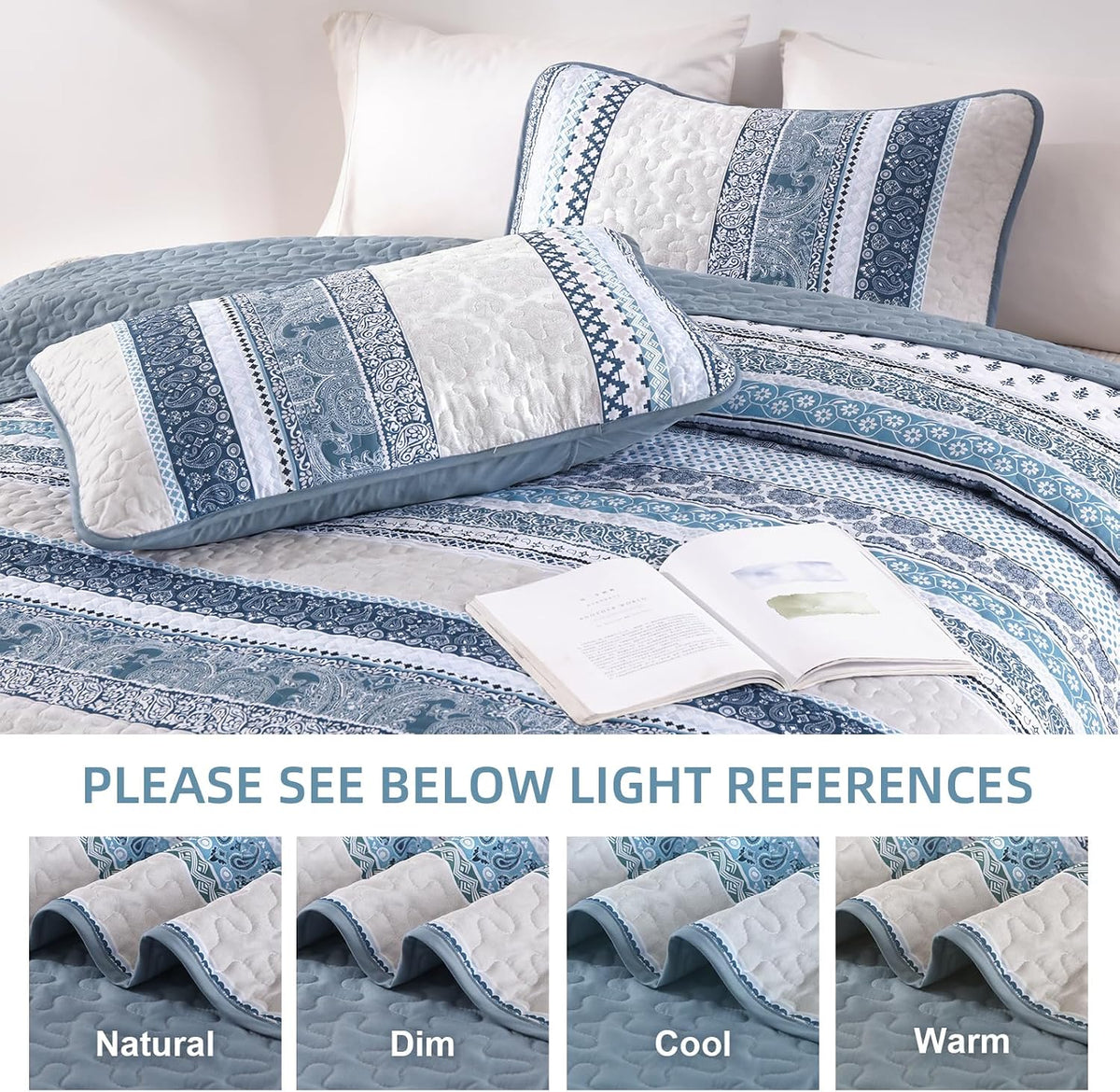 WONGS BEDDING Boho King Quilt Set，3 Pcs Light Blue Summer Bedspread