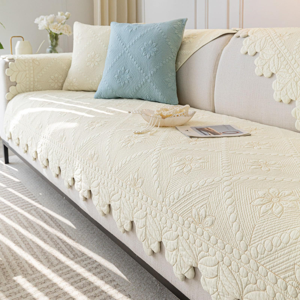Quilted Couch Covers for Sofa Farmhouse Sofa Covers(Khaki,28"x70")