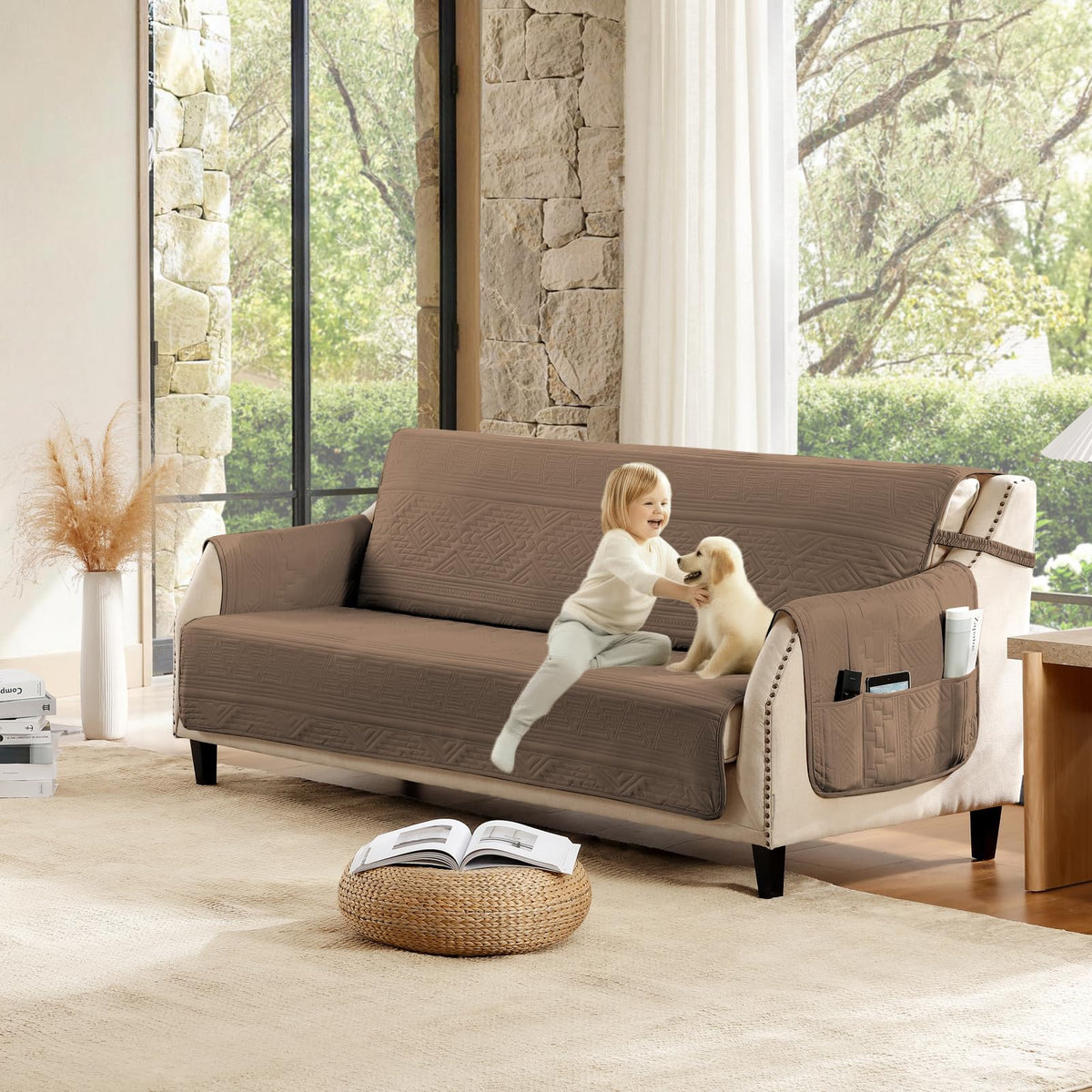 Soft Boho Quilted Couch Cover with Pockets for Extra-Large Sofa, Anti-Slip Boho Sofa Covers Washable for 3 Cushion Pet Friendly, Oversized Sofa Cover Water-Repellent (X-Large Sofa 78", Beige)