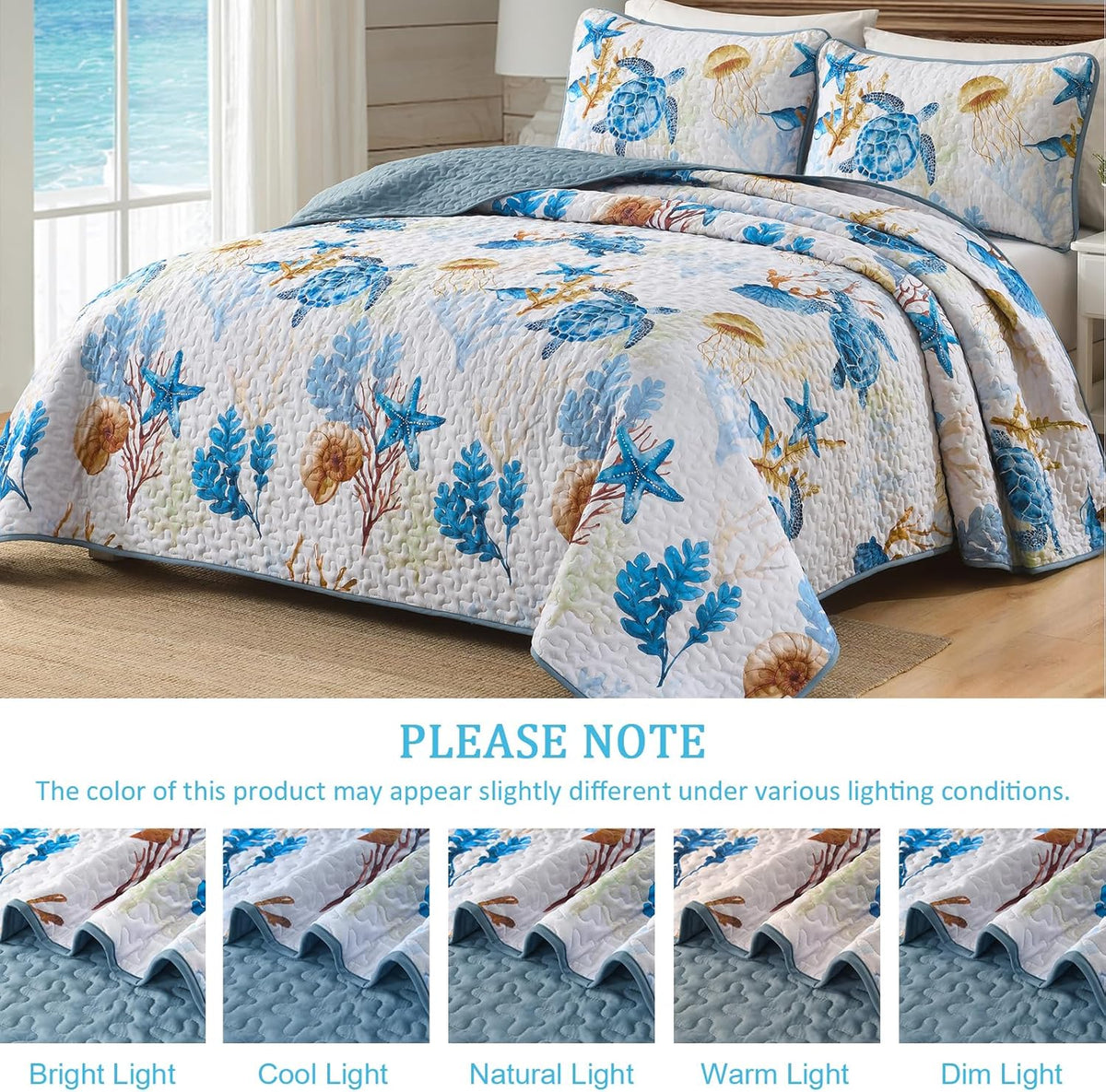 DJY Ocean Coastal Quilt Queen Size, 3 Pcs Sea Turtle Theme Bedspread Set