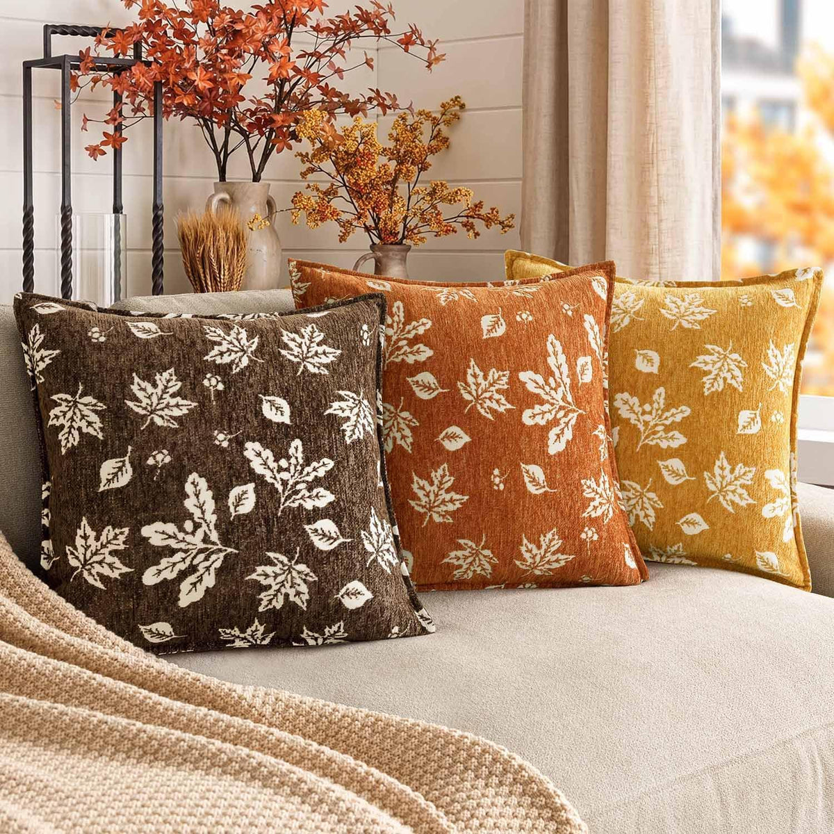 Foindtower Decorative Fall Chenille Throw Pillow Covers 18×18 Dark Brown
