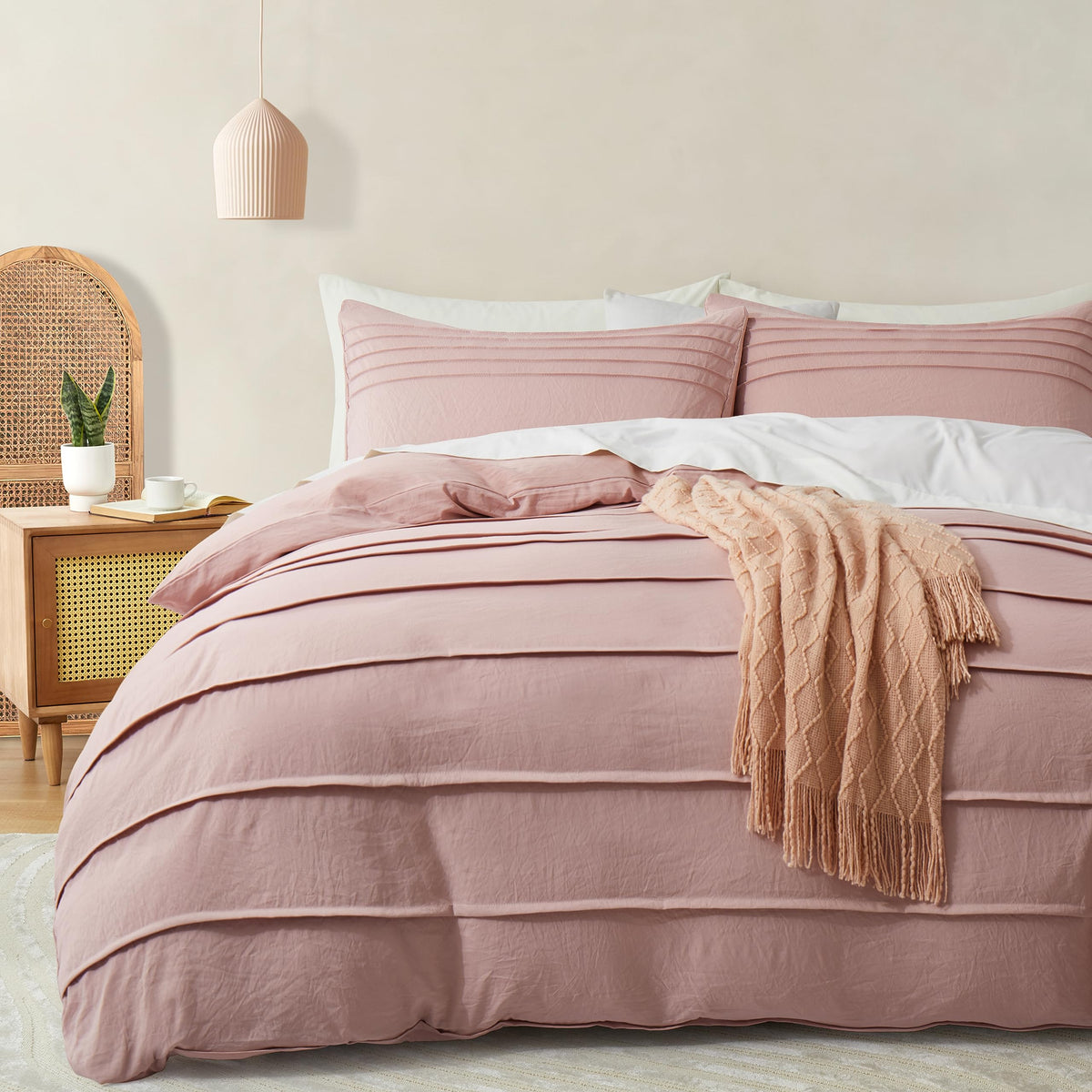 Oli Anderson 3PCS Pleated Duvet Cover Set, Beige, King