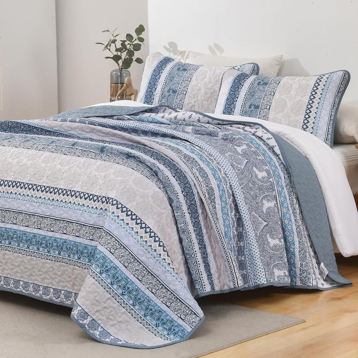 WONGS BEDDING Boho King Quilt Set，3 Pcs Light Blue Summer Bedspread