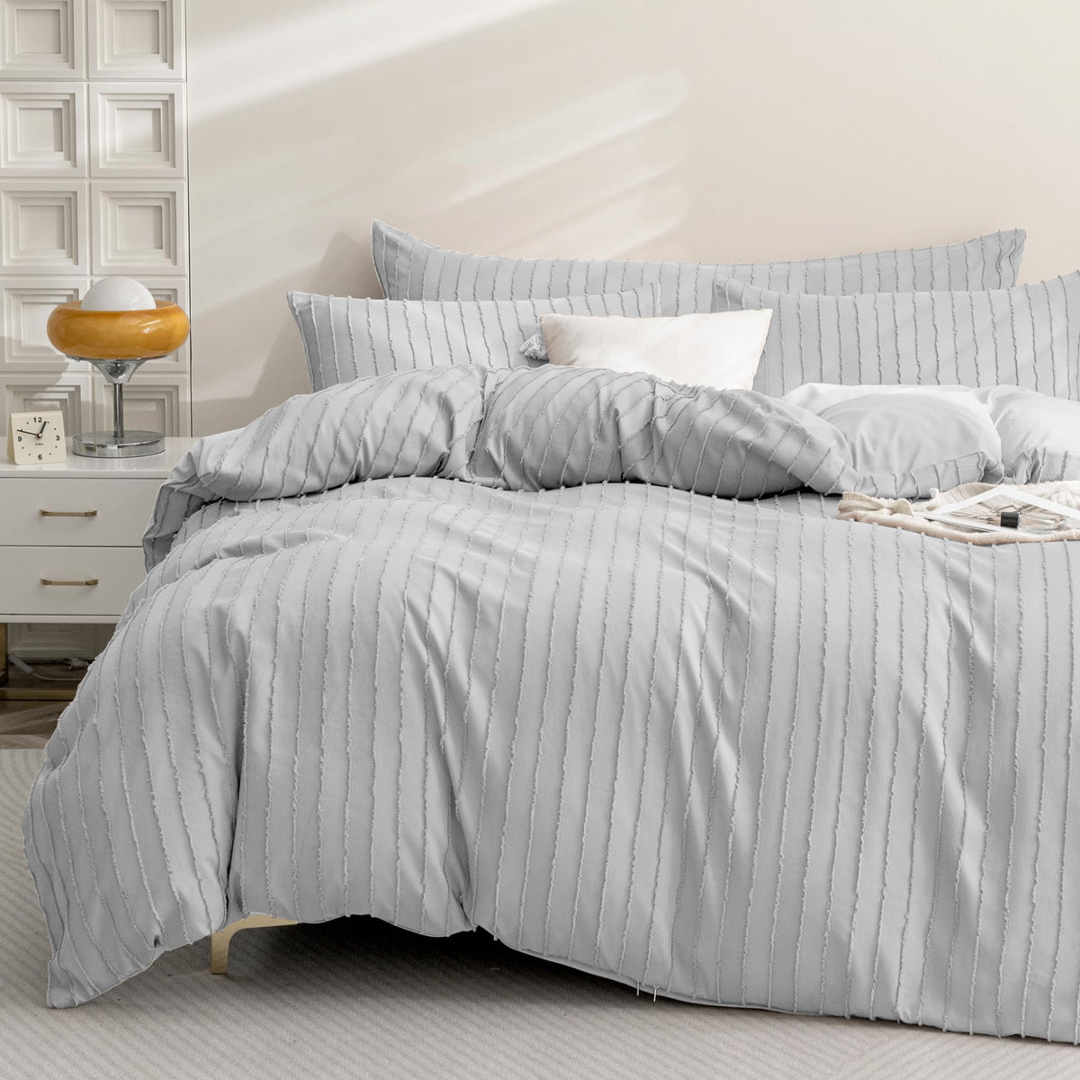 JELLYMONI White Striped Tufted Duvet Cover Set Queen Size