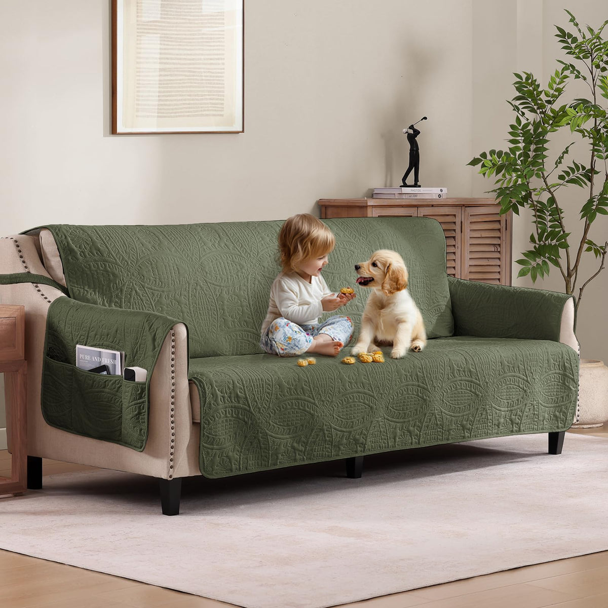 Soft Quilted Couch Cover with Pockets for Extra-Large Sofa, Anti-Slip Sofa Covers Washable for 3 Cushion Pet Friendly Medallion Oversized Sofa Cover Water-Repellent (X-Large Sofa 78", Ivory White)