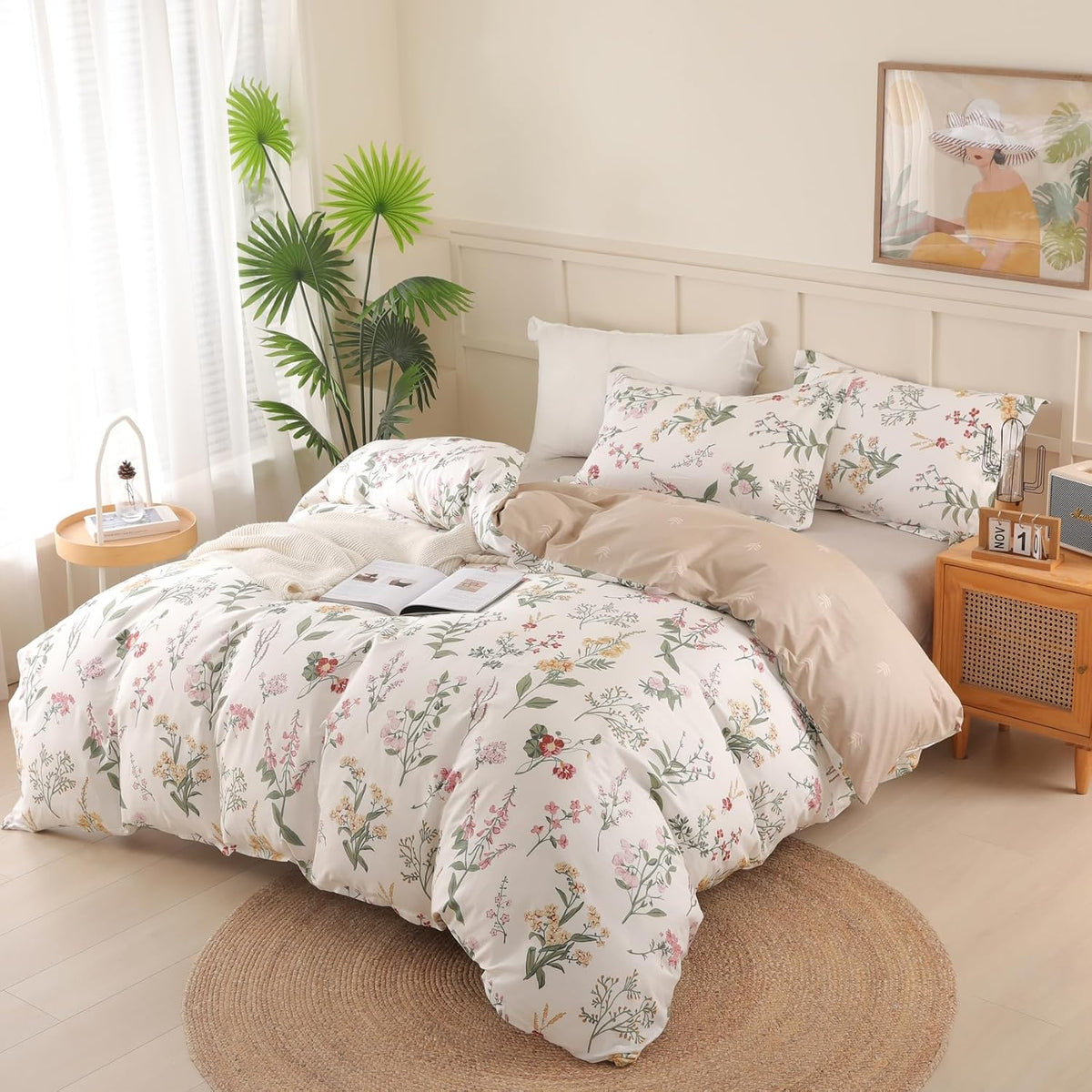 OAITE Queen Duvet Cover Set 3pcs 100% Cotton Wildflower Botanical
