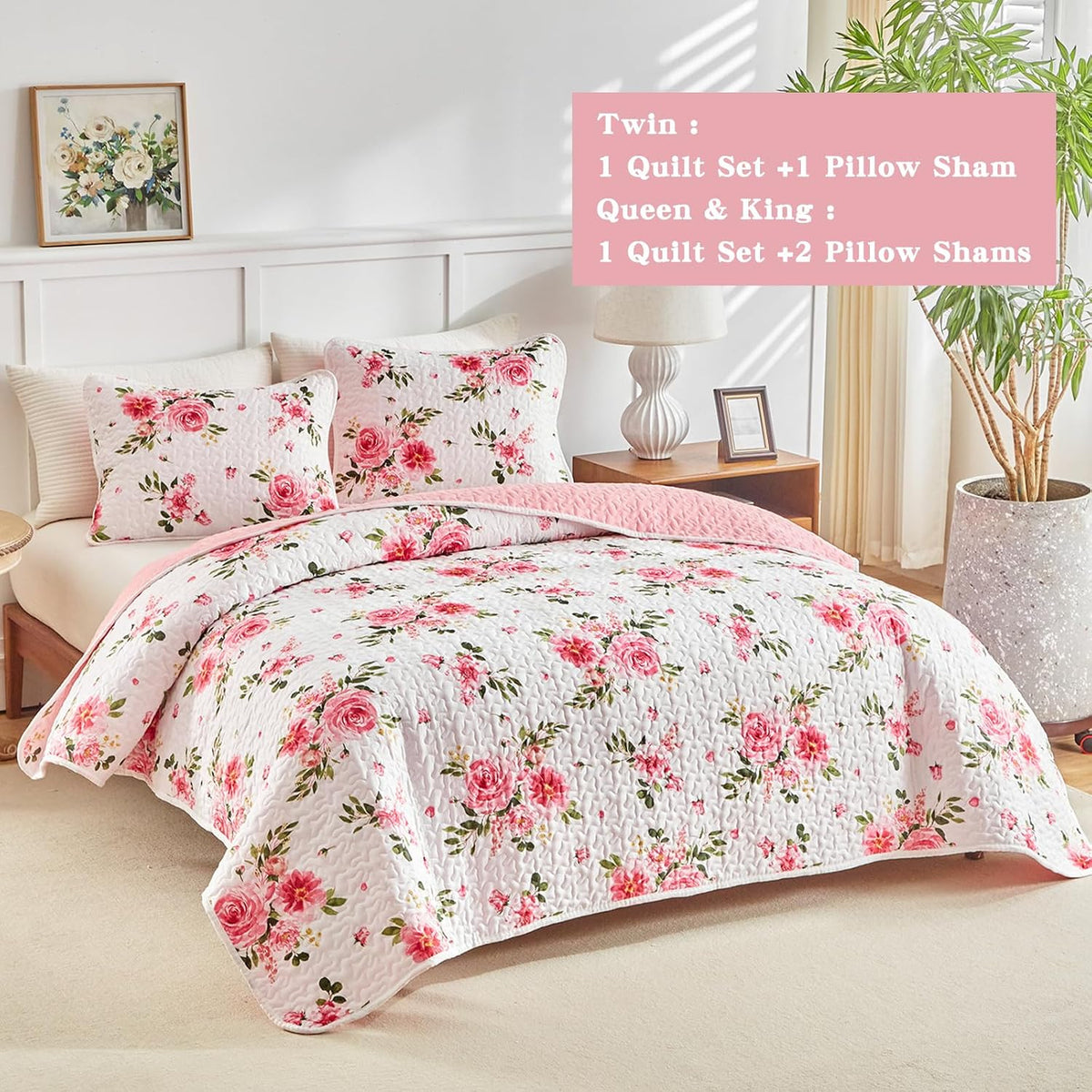 UOZZI BEDDING Floral Quilt Set 3 Pieces Queen Size White Pink Flower Soft Microfiber Lightweight Summer Reversible Coverlet Bedspread for All Season -1 Quilt 88 * 88 + 2 Pillow Shams
