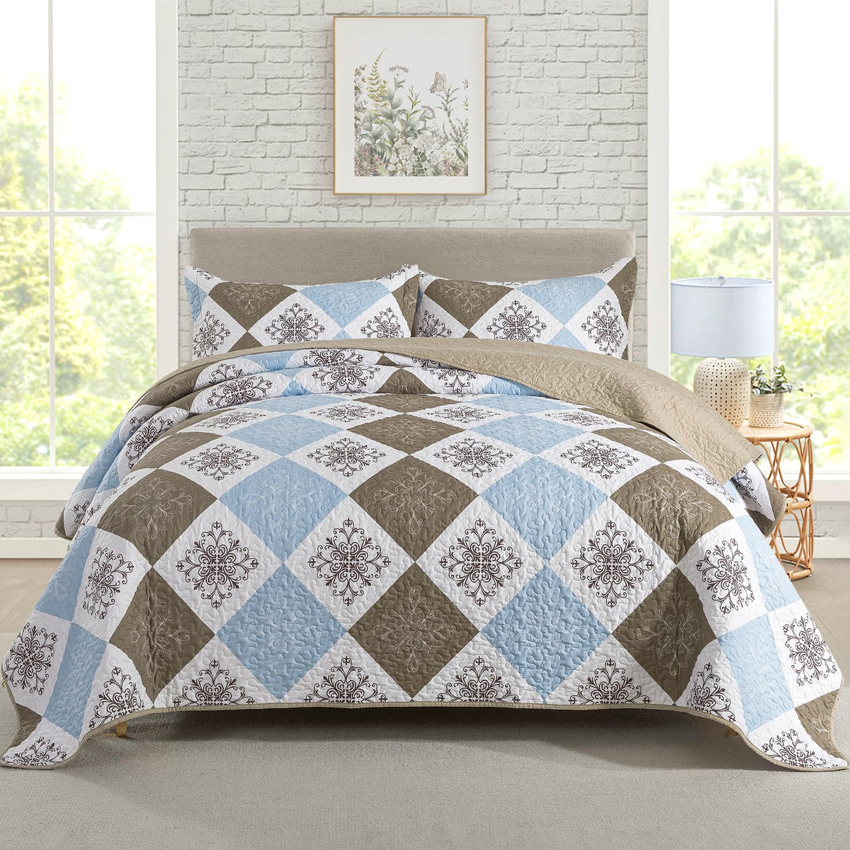 Travan 3-Piece Quilt Set Quilted Bedspread Lightweight Coverlet Set Garden Style Floral Printed Oversized Quilted Bedding Set with Shams for All Season, Exquisite, King Size