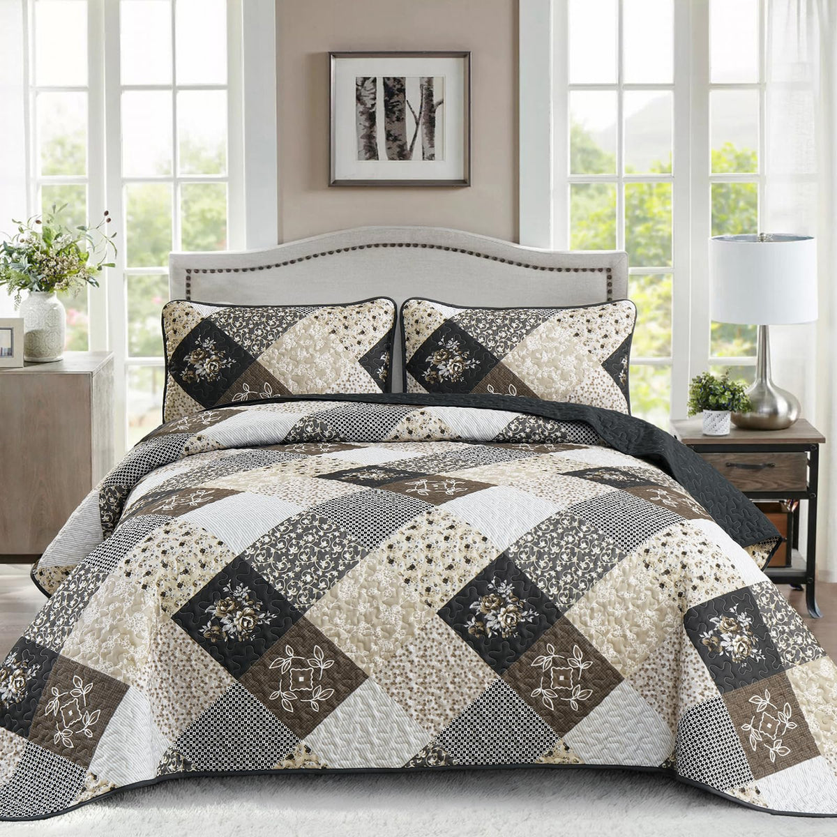 Dinjoy Boho Quilt Set Full Size, Patchwork Floral Bedspreads, Purple