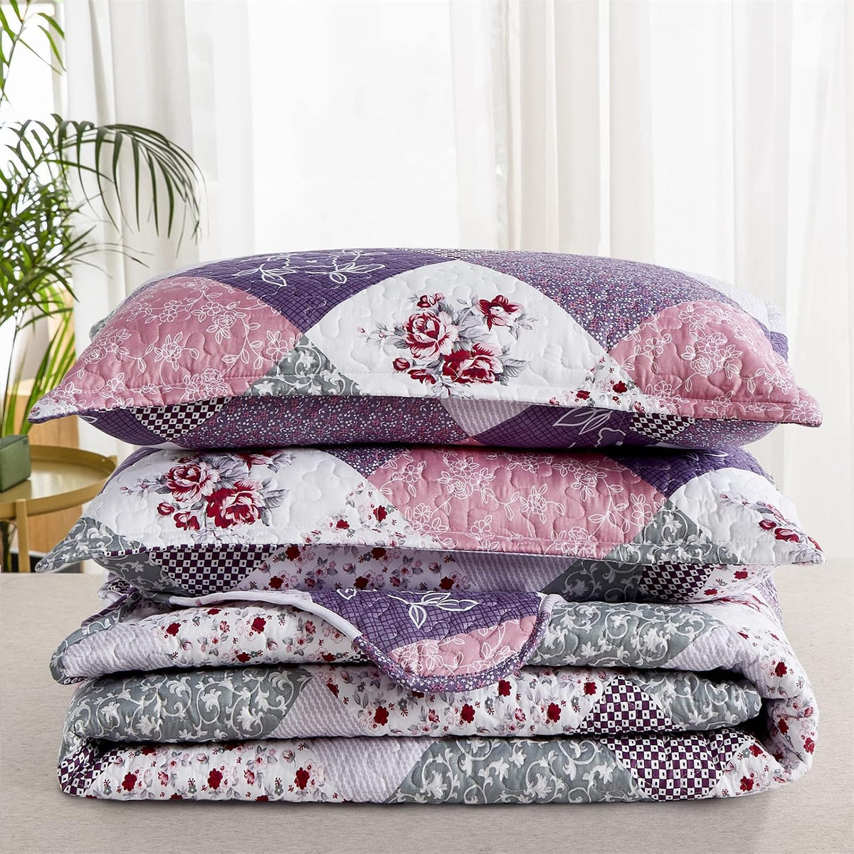 Dinjoy Boho Quilt Set Full Size, Patchwork Floral Bedspreads, Purple