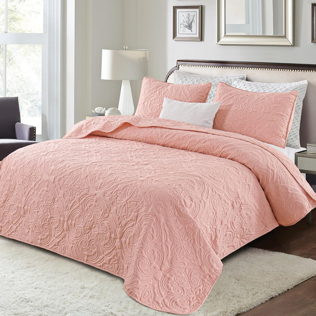 Exclusivo Mezcla 3 Piece Quilts Queen Size Bedding Set, Blush Pink