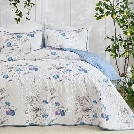 WONGS BEDDING Floral Blue Quilt Set King, 3Pcs Botanical Bedding Set