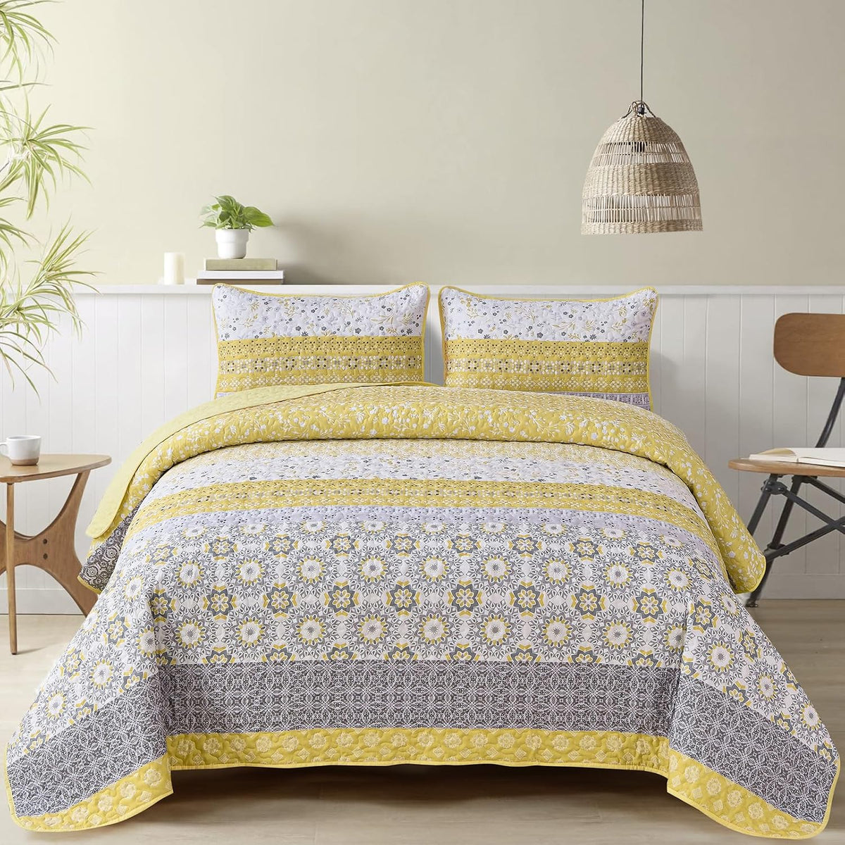 WONGS BEDDING Boho Quilt Set Queen，3 Pcs Yellow Floral Striped Bedspread